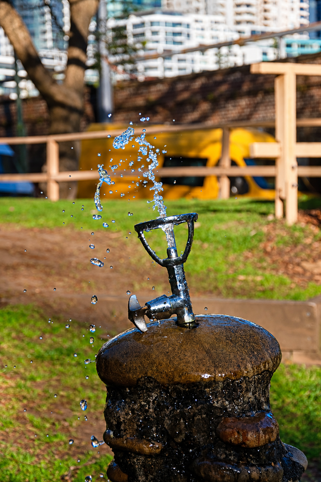 Water droplets frozen above a drinking fountain